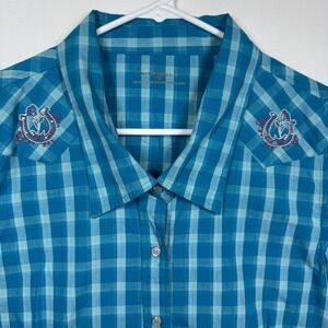 Bit and Bridle Plaid‎ Western Shirt Horseshoe Embroidery Pearl Snap Sz Medium